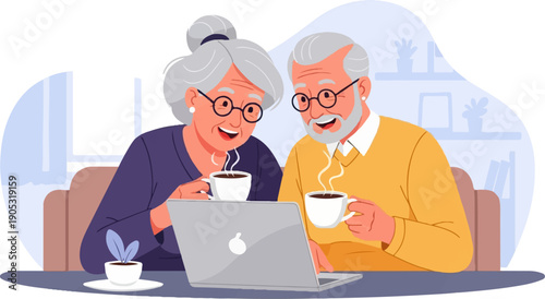 Happy elderly couple using a laptop and enjoying hot beverages