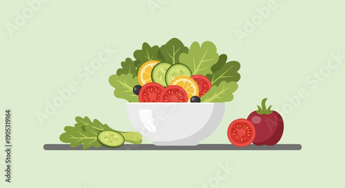 Fresh bowl of salad with tomatoes, cucumbers, oranges, olives, and lettuce