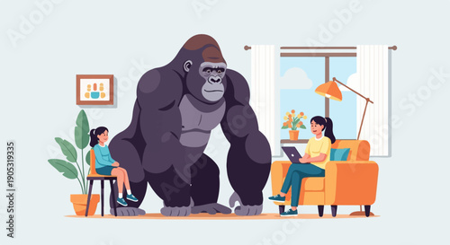 Large gorilla indoors with two girls, one on a chair, one on a couch with laptop