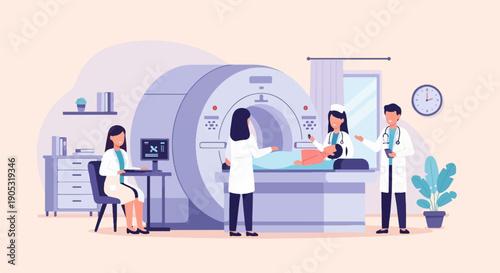 Medical team conducts MRI scan in a modern examination room
