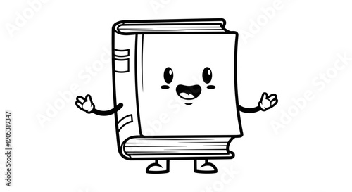 Cute cartoon book character with happy face and arms.