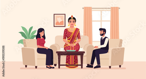 Indian family gathering in a living room with tea