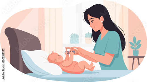 Mother lovingly plays with her baby on a bed, indoor scene