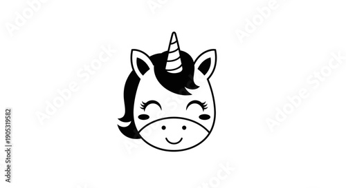 Cute Cartoon Unicorn Head with Closed Eyes and Smiling Face.
