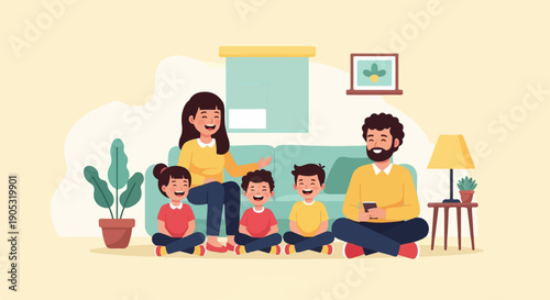 Happy family gathered indoors, smiling and relaxing together