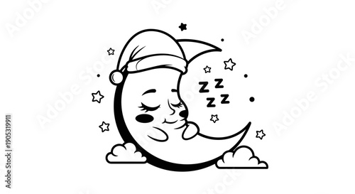Cute Sleeping Crescent Moon Character Wearing Nightcap.
