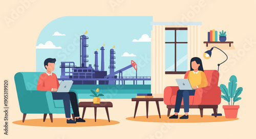 Individuals work on laptops in comfortable chairs, with a factory and oil rig visible outside