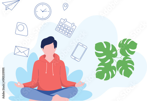 Flat vector illustration of man meditating in lotus pose with digital communication and productivity icons for work life balance, mindfulness practice, stress management, mental wellness, and healthy 