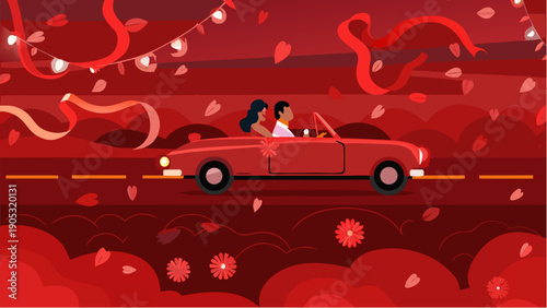 Happy couple driving off into sunset on romantic getaway