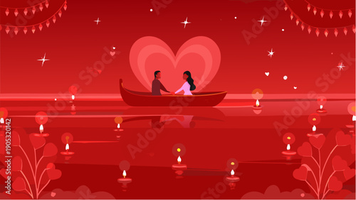 Romantic couple sailing together on serene lake with heart