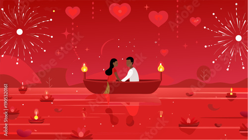 Romantic couple sailing on serene lake during festive night with fireworks