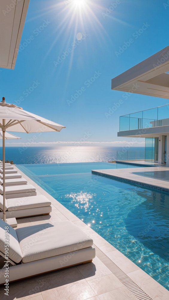 Fototapeta premium Modern infinity pool with sun loungers and umbrellas, ideal for travel brochures or luxury resort advertisements.