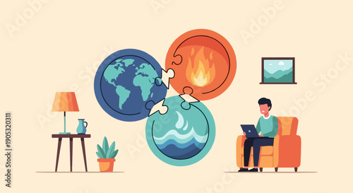 Man on couch with laptop, puzzle pieces Earth, fire, water