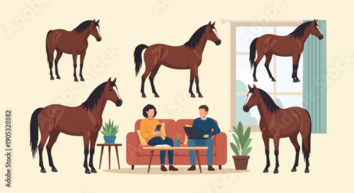 Indoor domestic scene with multiple horses and two people relaxing on a couch