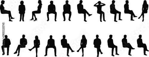 Vector silhouettes of sitting people, men and women seated in various poses, isolated collection on white background