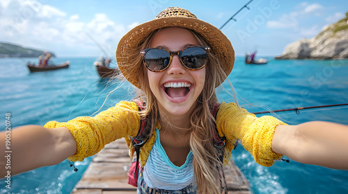 Happy smiling woman in straw hat taking selfie on pier. Joyful summer vacation and travel lifestyle by blue sea