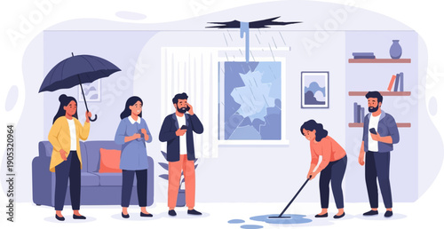 Indoor flooding from ceiling leak, people with umbrella, mopping, and phones