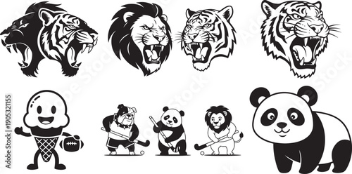 Vector set of roaring tiger and lion heads, ice cream mascot, and animal hockey players, black and white illustration isolated on white