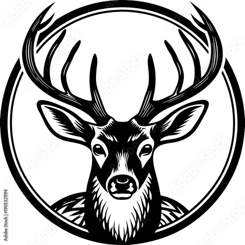 Majestic Whitetail Deer Buck Head Circular Woodcut Illustration