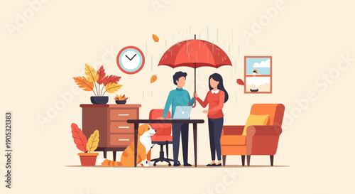Indoor rain scene with couple, dog, plants, and furniture