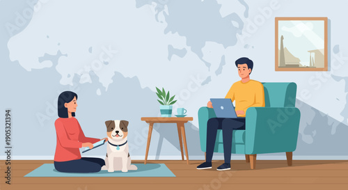 Man on laptop, woman on tablet, dog by table in living room with map wall