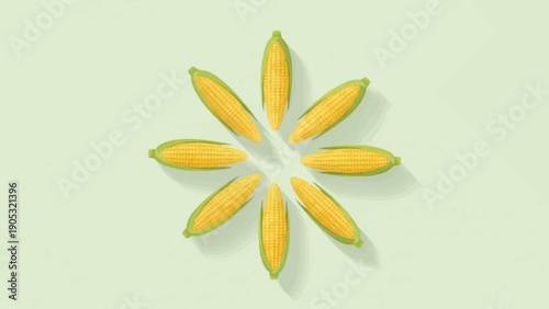 Fresh ears of corn arranged in a circular pattern against a light green background