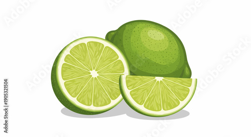 Fresh green citrus fruit, whole and sliced, with vibrant pulp