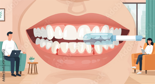 Large open mouth with bleeding gums and dental hygiene tools