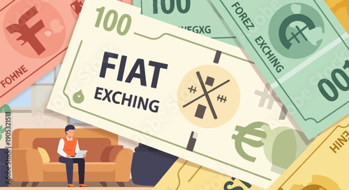 Man on sofa, surrounded by colorful paper currency with symbols