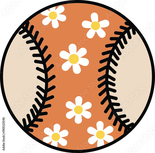Decorative baseball or softball icon with a floral daisy pattern on an orange background strip