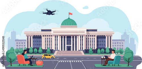 Modern cityscape with government building, people working outside, and drone