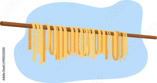 Fresh pasta drying on a wooden stick against a soft blue background