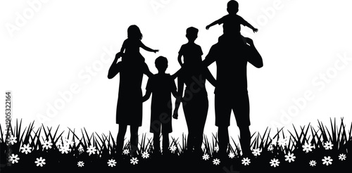 Happy family silhouette with parents and children playing outdoors, joy, love, bonding, childhood happiness, togetherness, black vector illustration, lifestyle