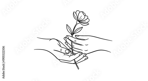Delicate Line Art of Hands Exchanging a Single Flower.