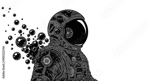Detailed Astronaut Illustration with Abstract Bubbles.