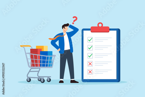 Flat illustration of businessman noticing missing items on checklist beside shopping cart highlighting fulfillment risk