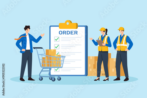Flat illustration of businessman coordinating order checklist review beside shopping cart for warehouse team support