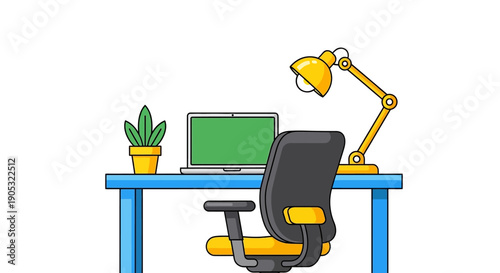 A modern home office illustration featuring a desk, chair, computer screen, desk lamp, and indoor plant arranged in a clean and organized workspace. The bright and friendly design reflects productivit