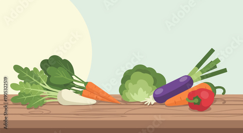 Fresh vegetables arranged on a wooden surface, with a pale background