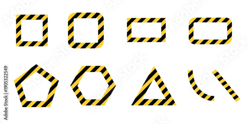 Hazard Stripe Geometric Shape Frames Vector Set, Black and Yellow Warning Outline Shapes Collection