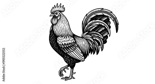 Detailed Black and White Illustration of a Majestic Rooster.
