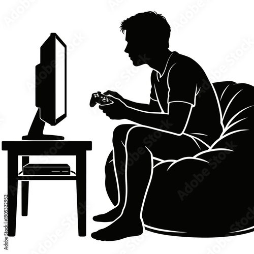 Man sitting on bean bag chair playing video game on console with TV monitor