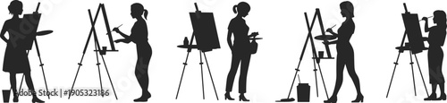 Female artist silhouettes painting on easel, creative process poses, woman painter illustration, art studio concept, isolated black vector set