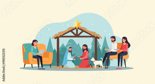 Modern family observes Nativity scene with dog and laptop