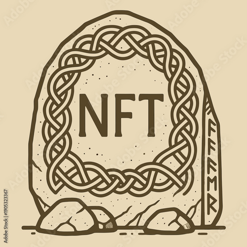 Celtic Knot Design Stone with NFT Inscription, Vintage Style Illustration