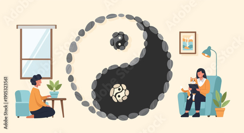Peaceful indoor scene with yin-yang, person with plant, person with cat