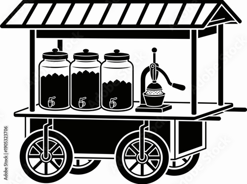 Vibrant Street Food Cart with Cooking Equipment and Utensils on Wheels.eps
