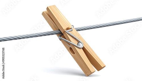 A wooden clothespin, secured by a metal spring, is clamped onto a silver wire, against a bright white background
