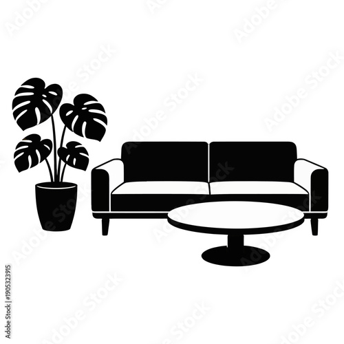 Black and White Modern Living Room Interior with Furniture and Potted Plant Illustration