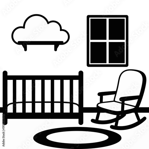 Nursery with Crib, Rocking Chair, and Cloud Illustration